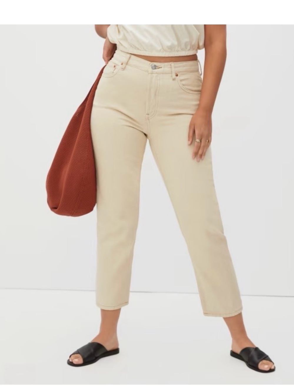 Everlane The 90s Cheeky Organic Cotton Straight Leg Jeans Cream Brown Stitch 27